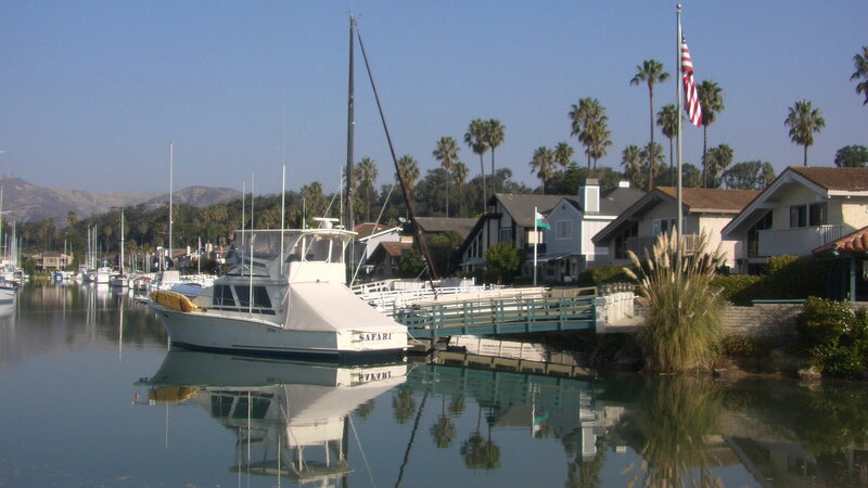 White Boat in Marina — Blue