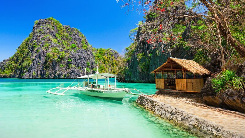 White Boat in Turquoise Water — Blue