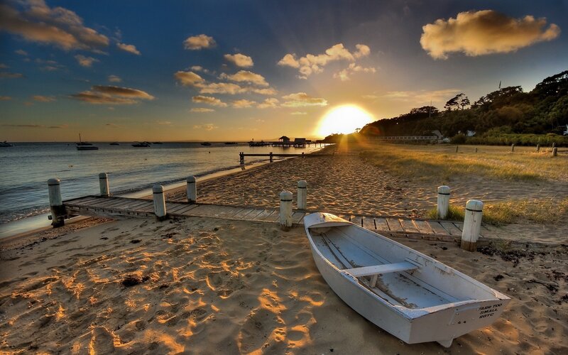 White Boat on Beach — Gold