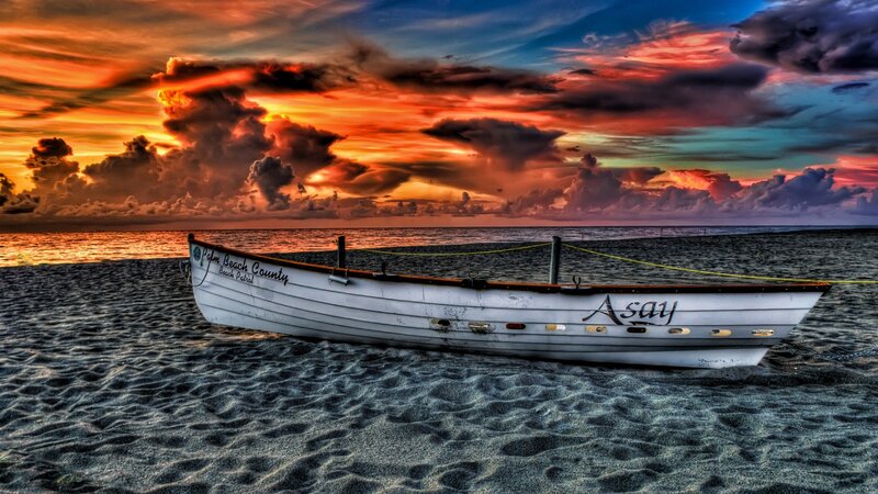 White Boat on Beach — Orange, Dramatic, Sunset