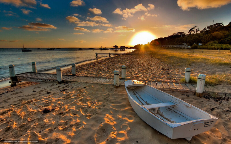 White Boat on Beach — Orange, Serene