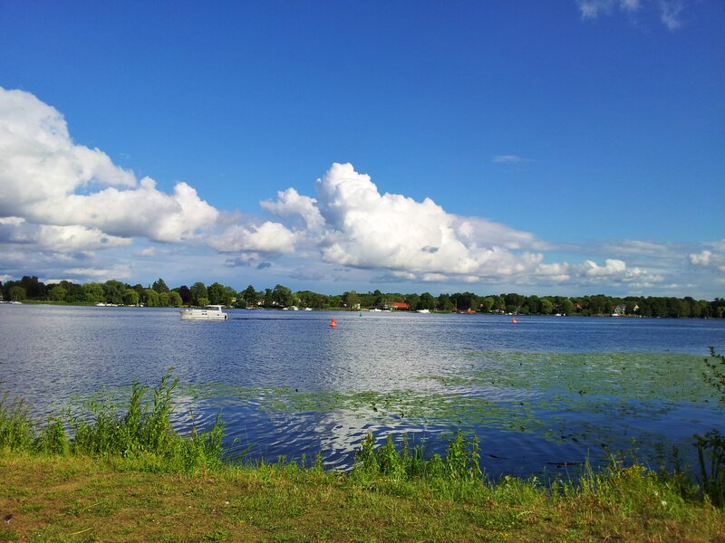 White Boat on Lake — Blue, Serene, Afternoon, Photograph, Trees
