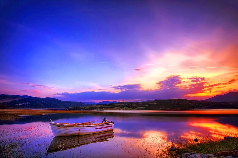 White Boat on Lake — Blue, Serene, Sunset