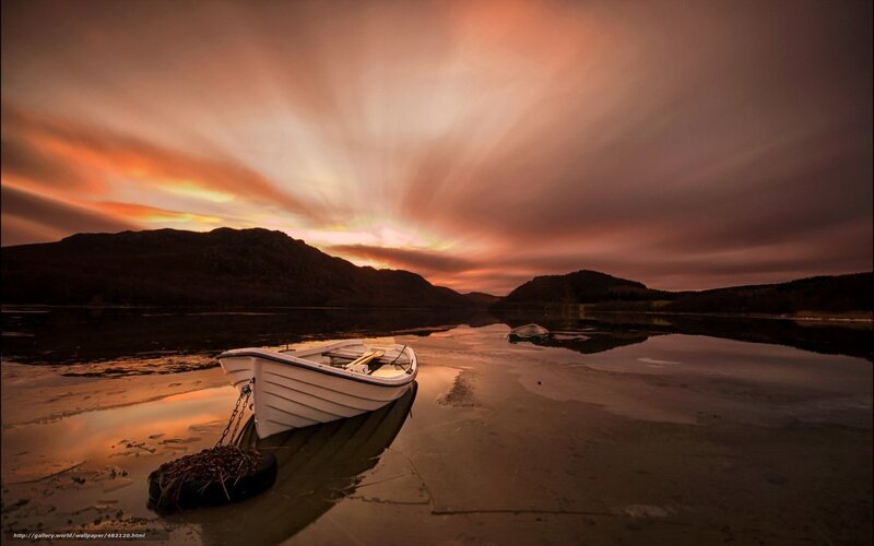 White Boat on Lake — Orange, Dramatic