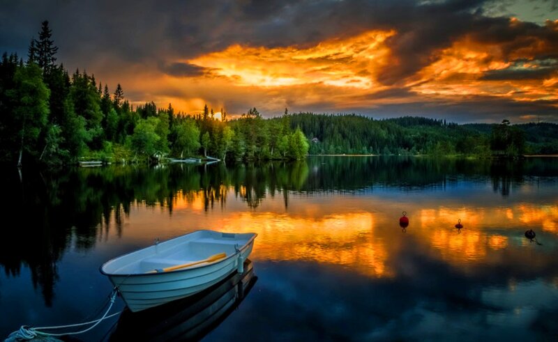 White Boat on Lake — Orange