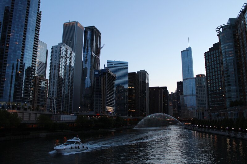 White Boat on River — Blue, Calm