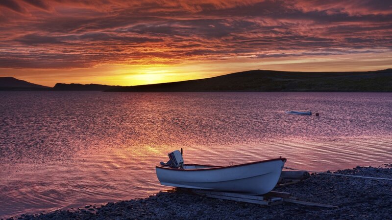 White Boat on Shore — Orange, Serene