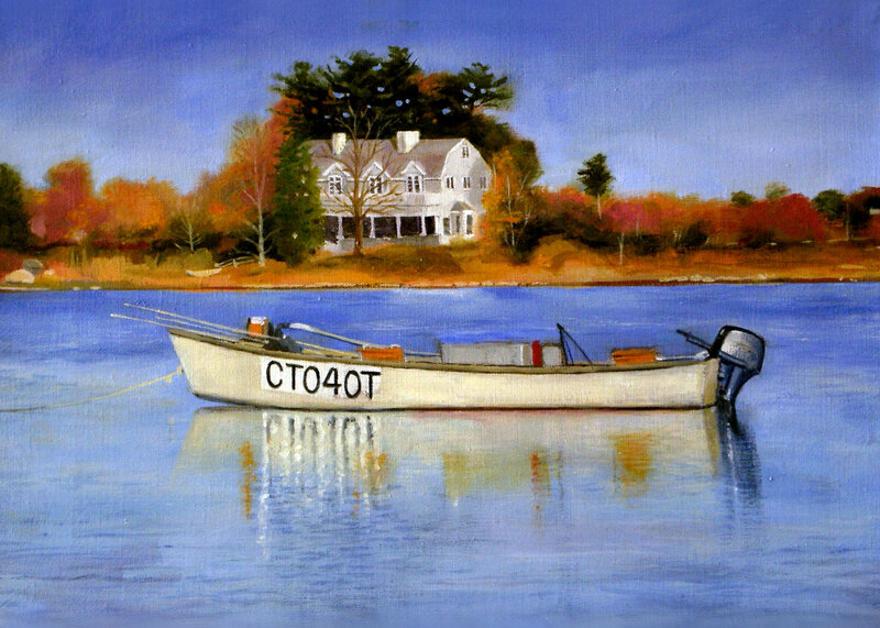 White Boat on Water — Blue, Serene, Autumn