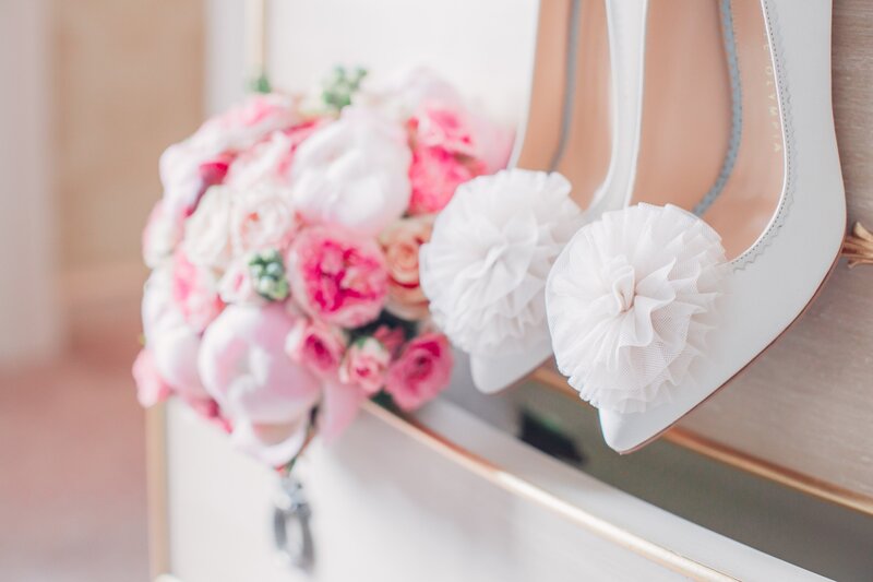 White Bridal Shoes and Bouquet
