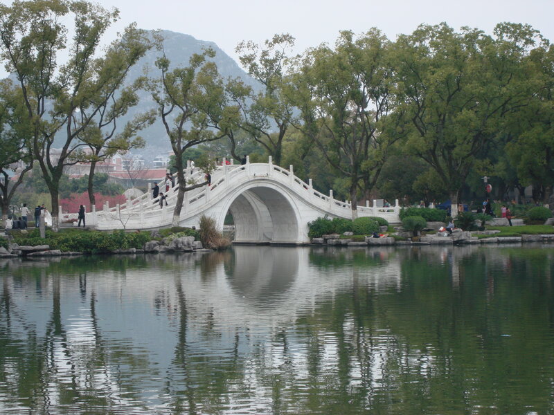 White bridge over a lake