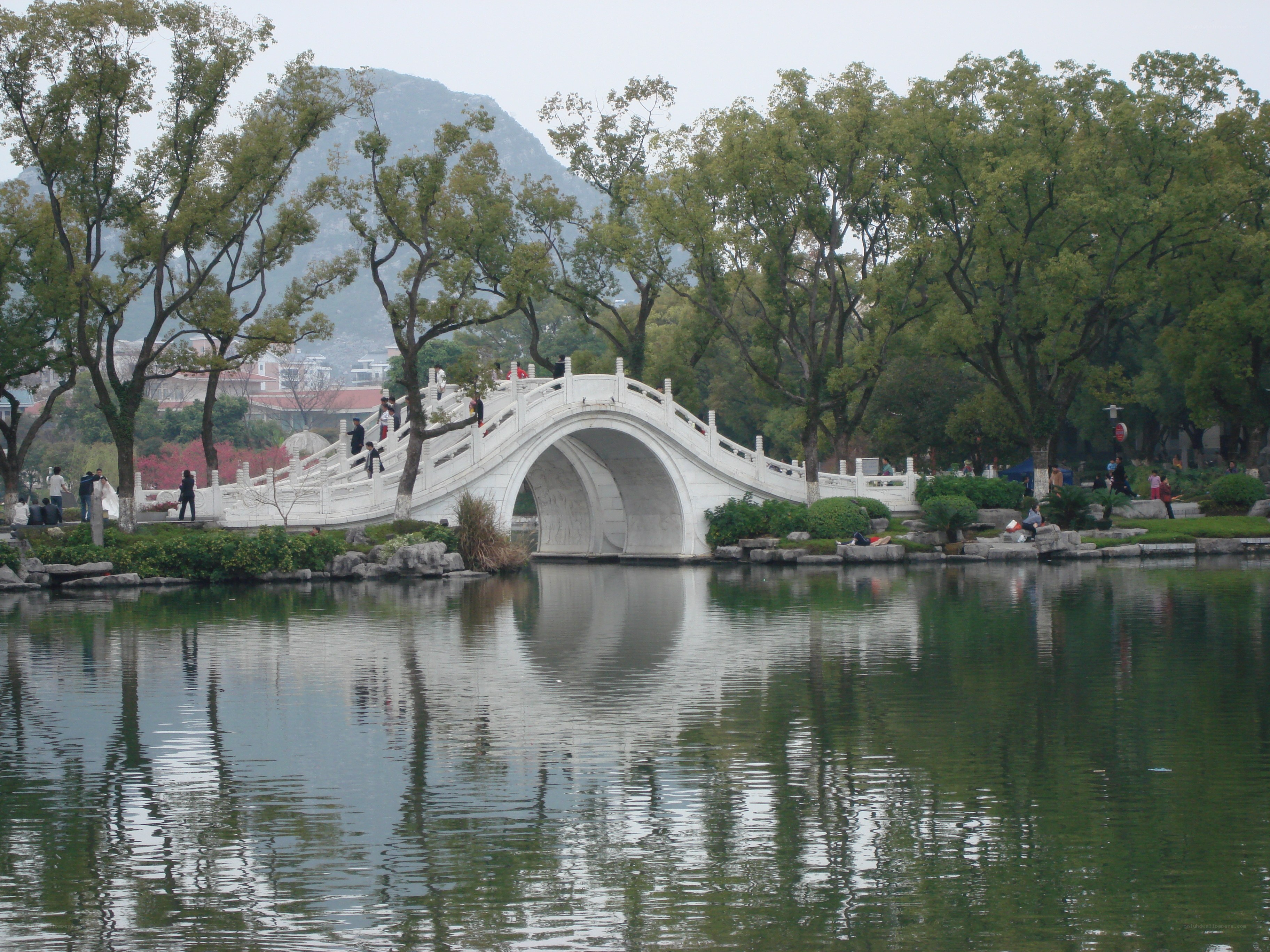 White bridge over a lake