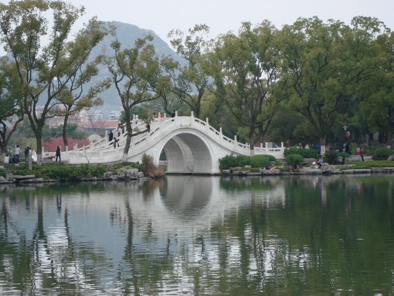 White bridge over a lake
