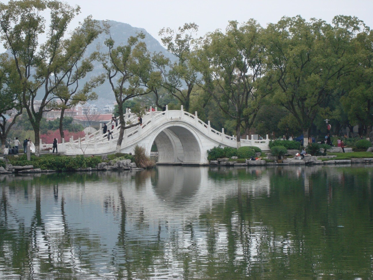 White bridge over a lake