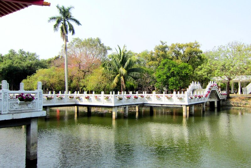 White Bridge over Pond — Green, Serene, Afternoon