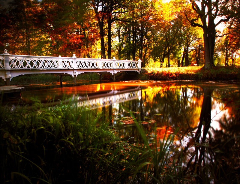 White Bridge over Pond — Orange, Serene