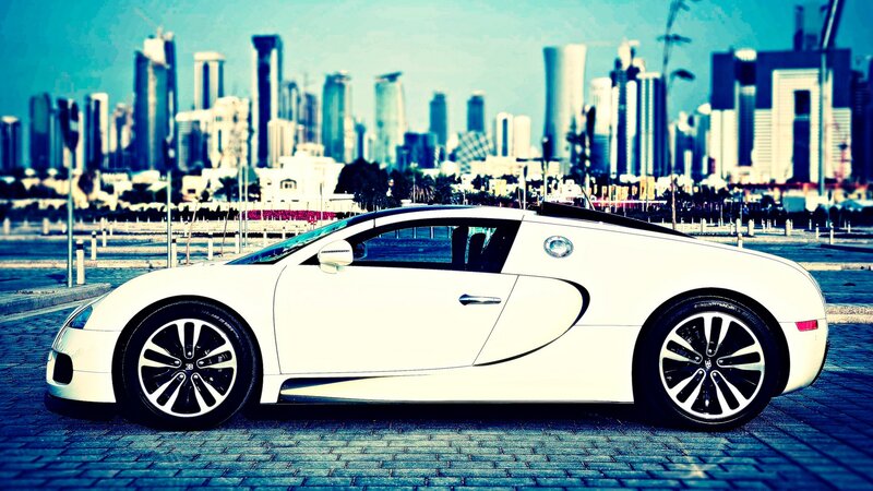 white bugatti in city