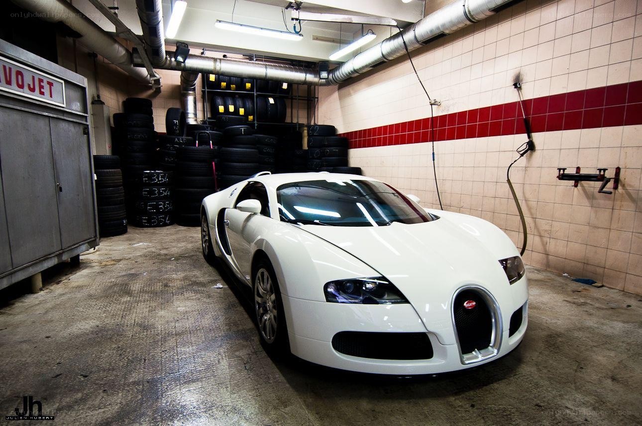 White Bugatti in garage