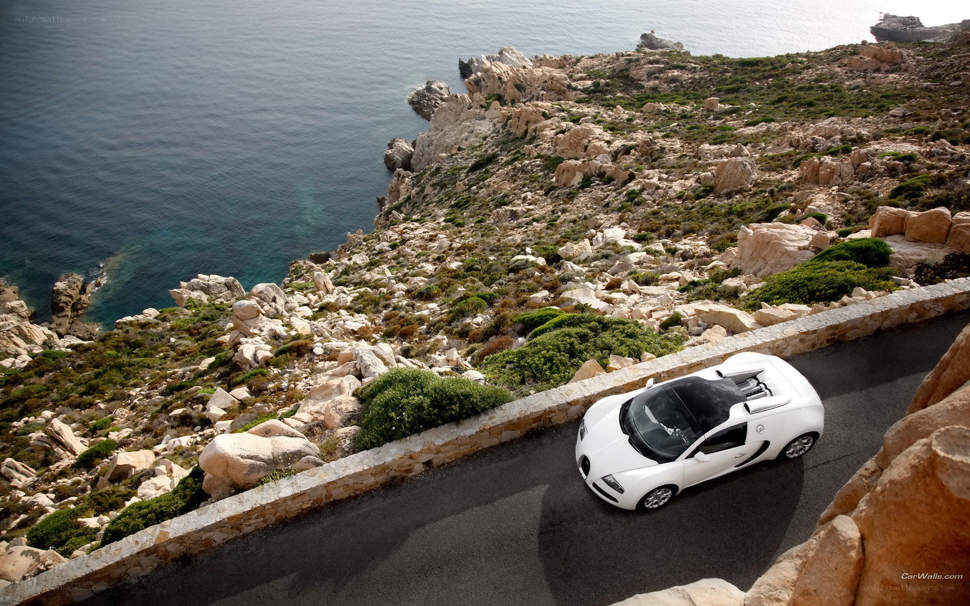 White Bugatti on coastal road