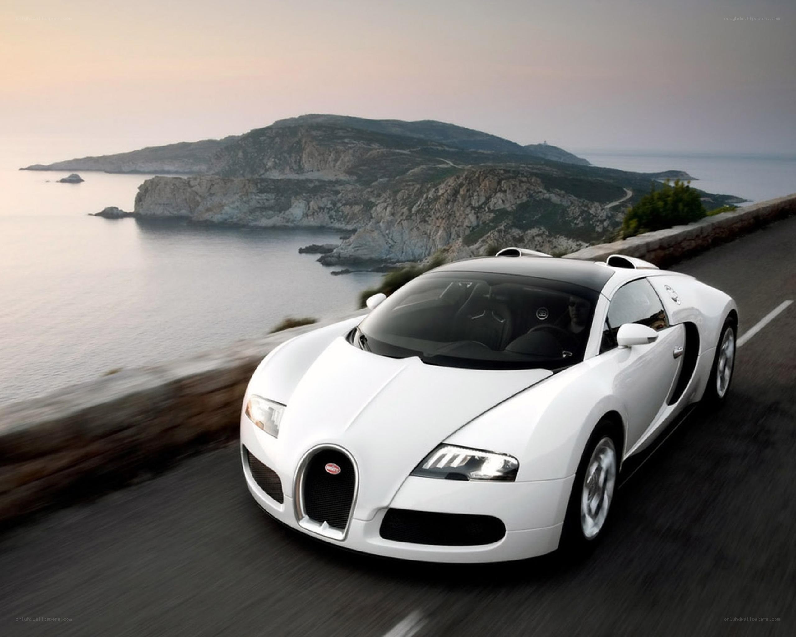 White Bugatti on coastal road