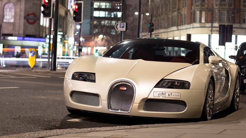 White Bugatti Veyron — Dramatic, Night, Photograph, Car, City Street, Traffic Lights