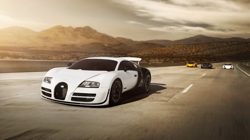 White Bugatti Veyron — Dramatic, Sunset, Photograph, Cars, Mountains