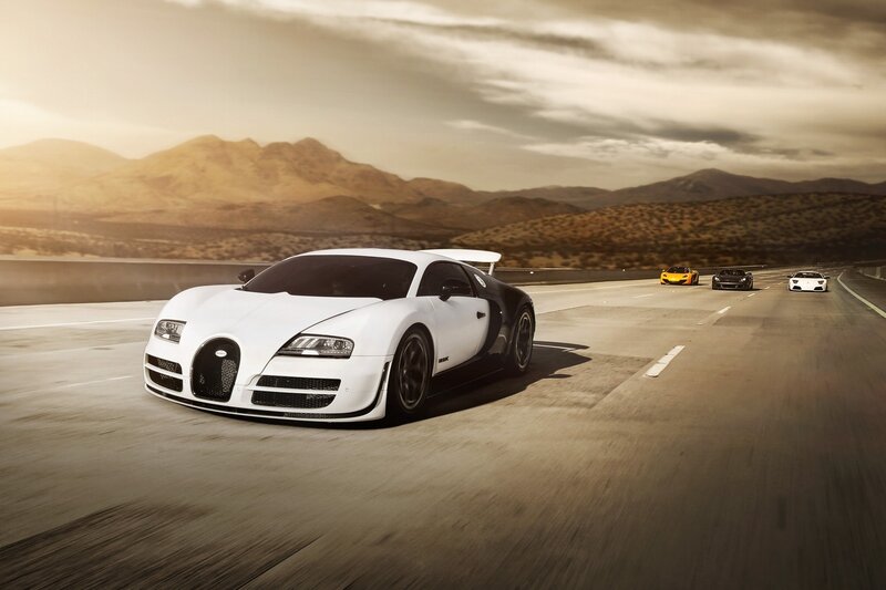 White Bugatti Veyron — Dramatic, Sunset, Photograph, Cars