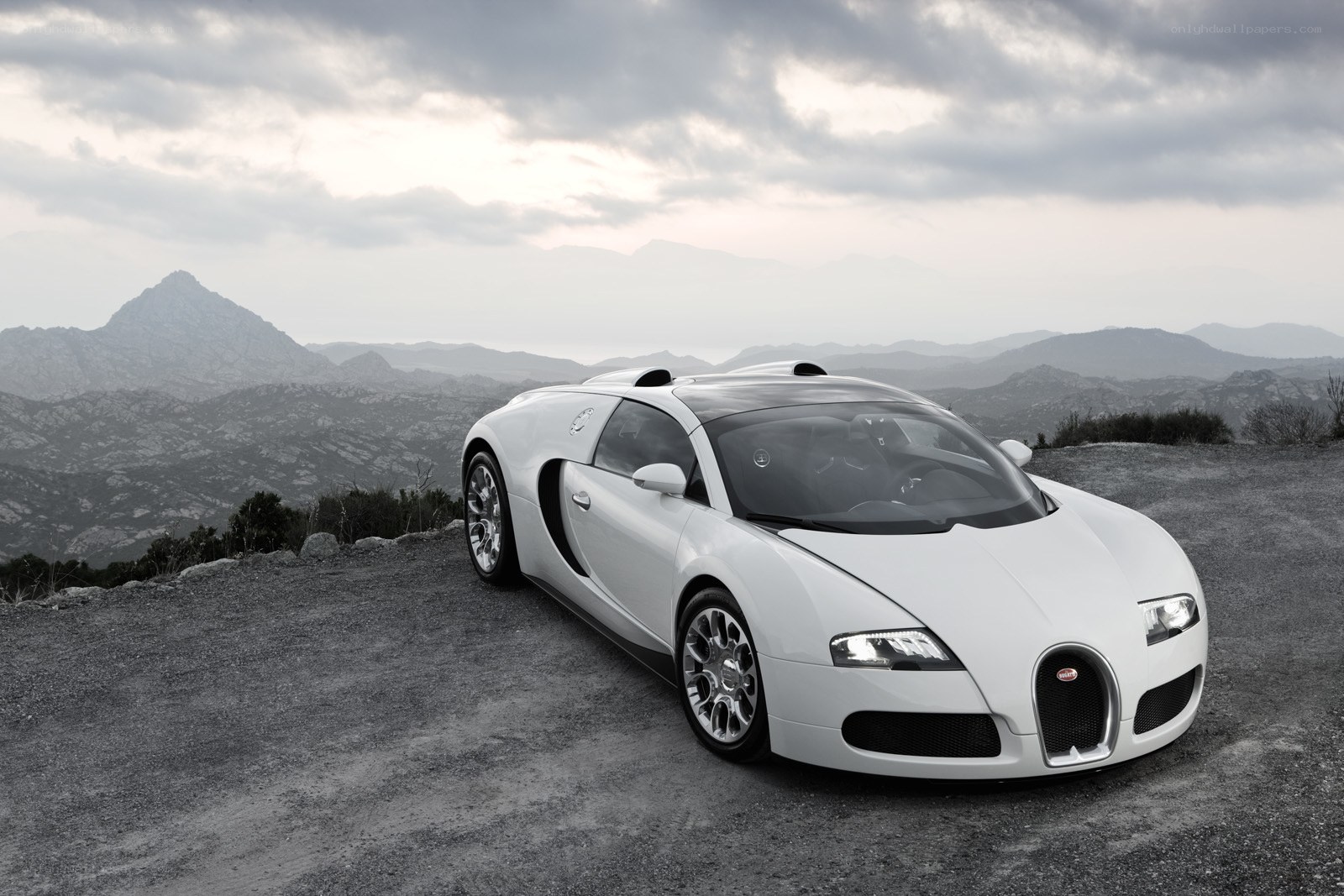 White Bugatti Veyron on a mountain