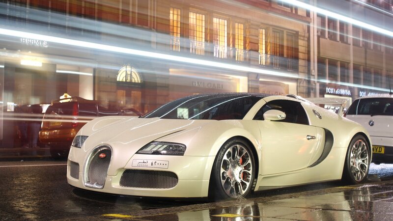 White Bugatti Veyron on city street