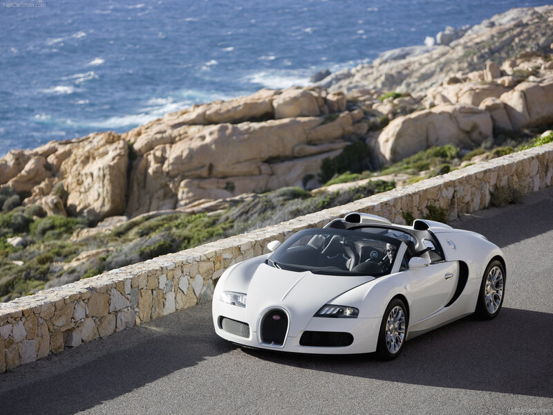 White Bugatti Veyron on coastal road