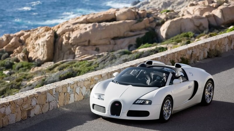 White Bugatti Veyron — Serene, Afternoon, Photograph, Car, Coastline, Stone Wall, Ocean, Blue