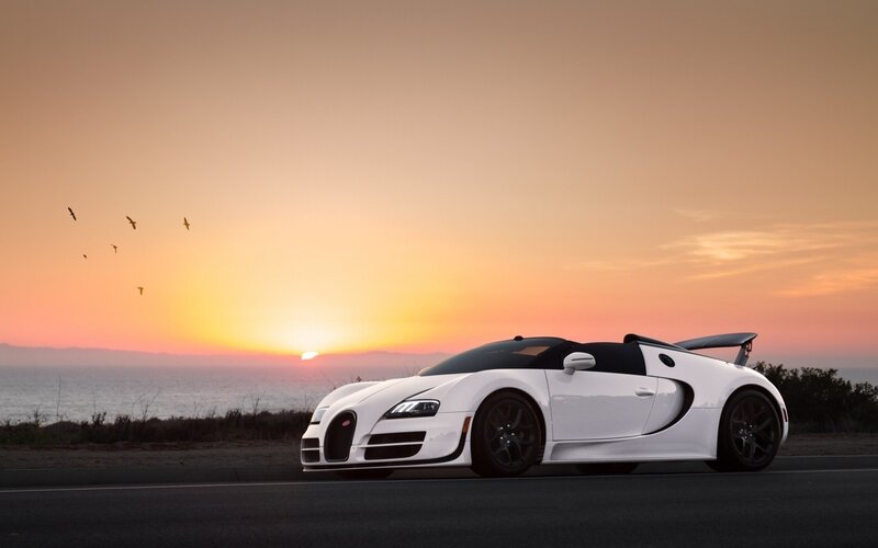 White Bugatti Veyron — Serene, Sunset, Photograph, Birds