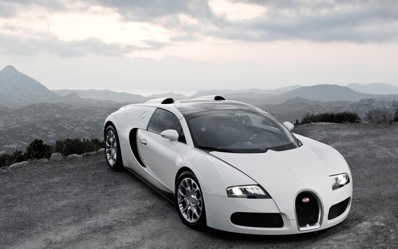 White Bugatti Veyron — Serene, Sunset, Photograph, Mountains
