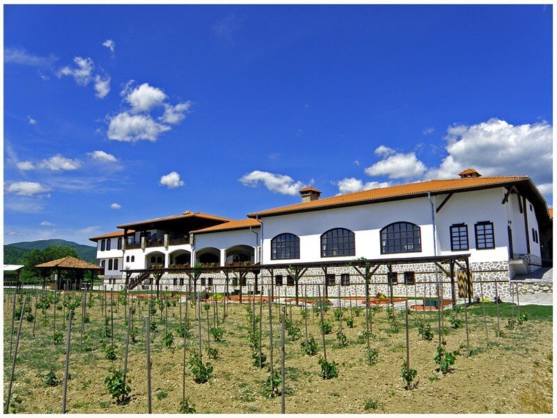 White building with vineyard