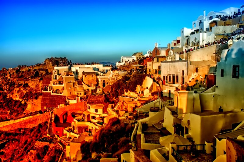 White Buildings on Cliff — Blue, Dramatic