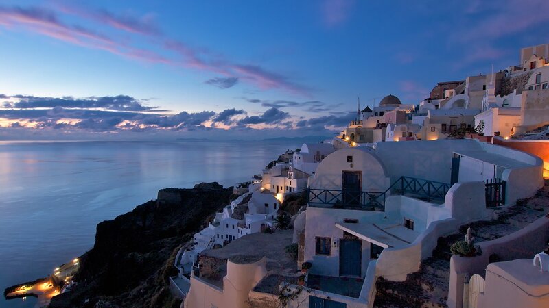 White Buildings on Cliff — Blue, Serene, Sunset, Photograph, Sea, Sky, Black