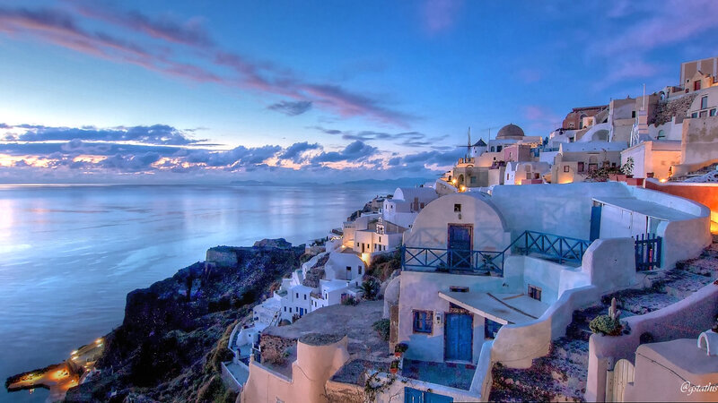 White Buildings on Cliff — Blue, Serene, Sunset, Photograph, Sea, Sky, Windmill