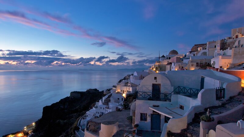 White Buildings on Cliff — Blue, Serene, Sunset, Photograph, Sea