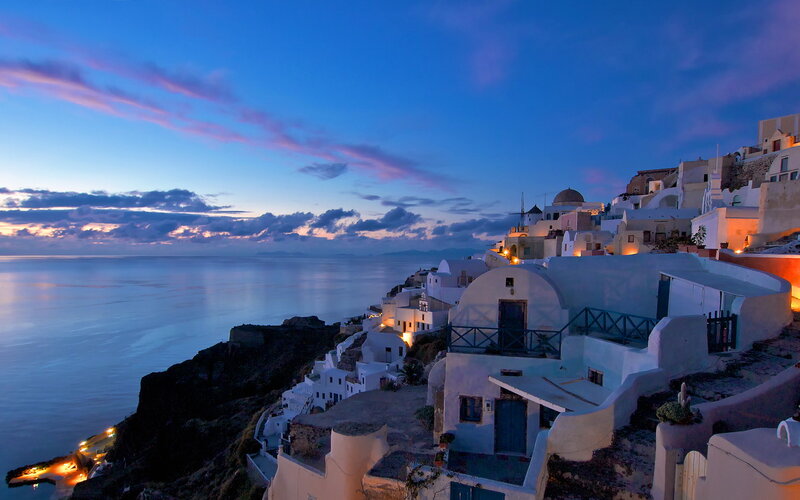 White Buildings on Cliff — Blue, Serene, Sunset, Photograph