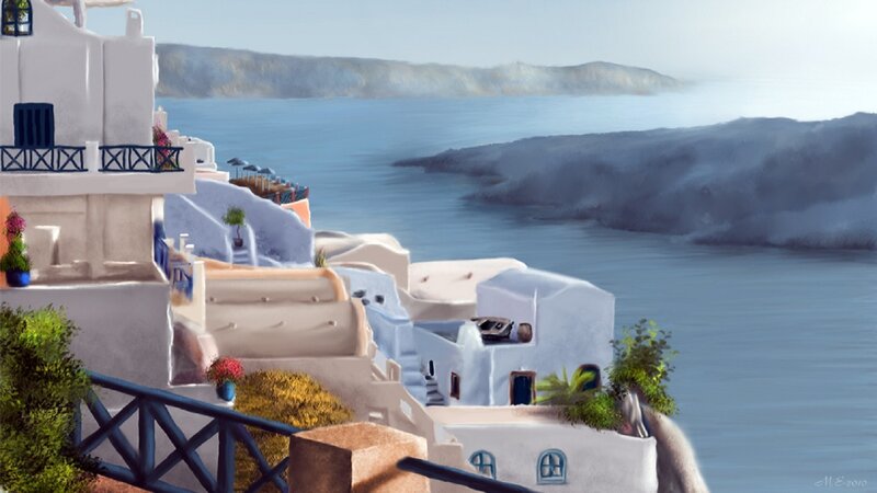 White Buildings on Cliff — Serene, Afternoon, Digital Art