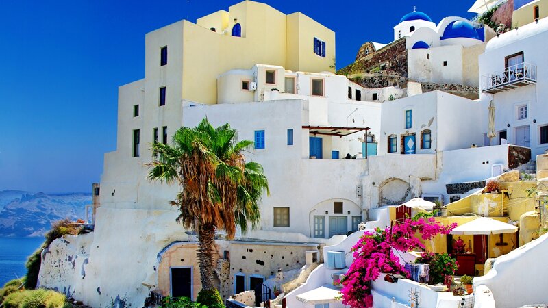 White Buildings on Cliff — Serene, Afternoon, Photograph, Palm Tree, Blue Domes