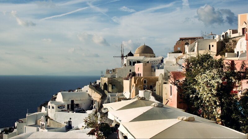 White Buildings on Cliff — Serene, Afternoon, Photograph, Sea, Dome