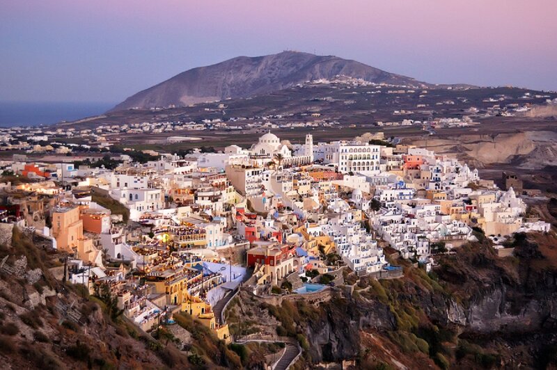 White Buildings on Cliff — Serene, Sunset, Photograph, Mountain