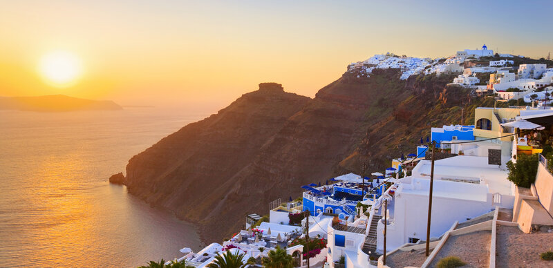 White Buildings on Cliff — Serene, Sunset, Photograph, Sea, Sun