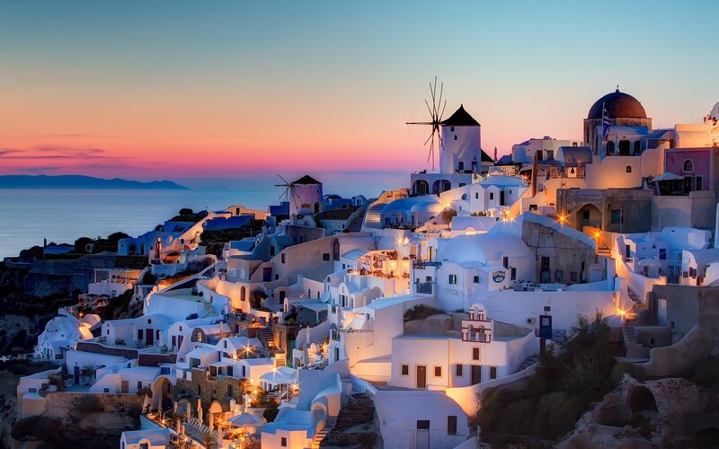 White Buildings on Cliff — Serene, Sunset, Photograph, Windmill, Dome