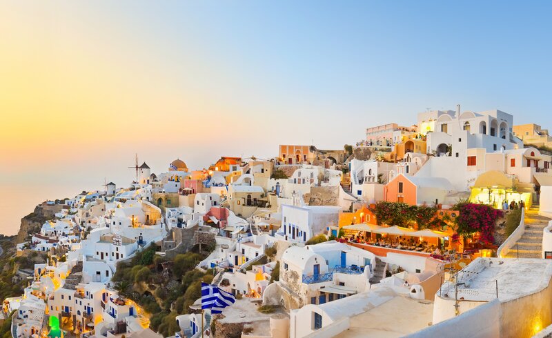 White Buildings on Cliff — Serene, Sunset, Photograph, Windmill, Greek Flag