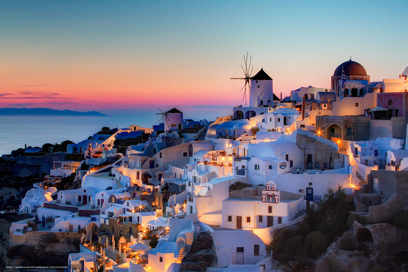 White Buildings on Cliff — Serene, Sunset, Photograph, Windmills, Dome Church