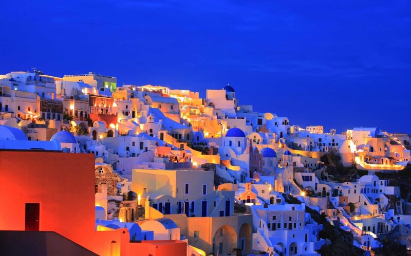 White Buildings on Hillside — Blue, Serene, Night, Photograph, Blue Domes