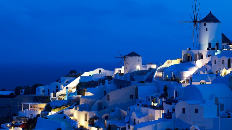 White Buildings on Hillside — Blue, Serene, Night