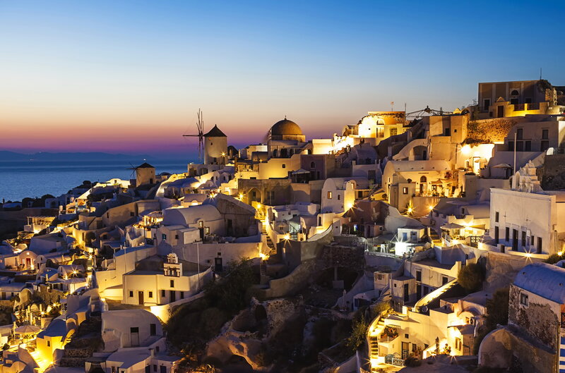 White Buildings on Hillside — Blue, Serene, Sunset