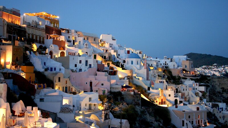 White Buildings on Hillside — Serene, Night, Photograph, Dome